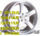 b5,7    x15  105,85
7,5x16  143,55
7,5x17  172,55
8,5x18  252,30
9    x19  348,00

