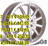 b6,7    x15  105,85
7,5x16  143,55
7,5x17  172,55
8    x18  252,30
8,5x19  348,00
