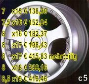 c5,7    x15  138,30 
7,5 x16  152,84
8    x16  182,37
8    x17  198,43
8    x17  415,83 mehrteilig
8    x18  288,16
8,5 x19  419,46